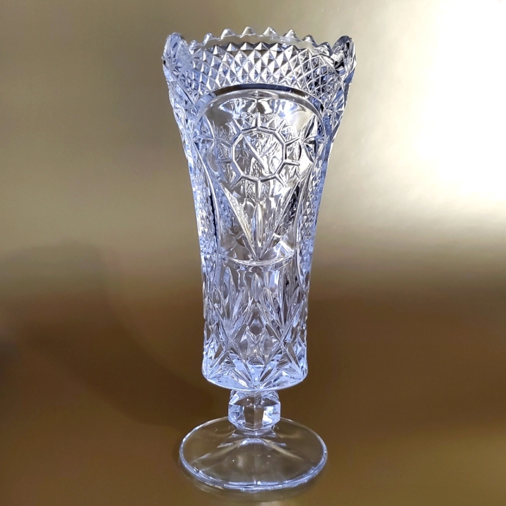 Vntg 6 7/8" Ann10 Floral Crosshatch Cut Bleikristrall Vase by Anna Hutte